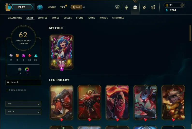 ⭐️EUW ⸱ Silver III ⭐️Champ(100)Skin(62)⭐️✅️Mail Changeable ⸱ ✅️Handmade